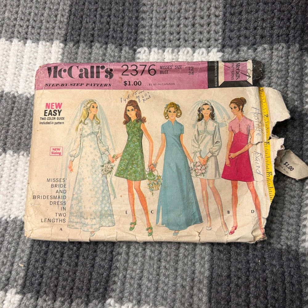 McCall's Sewing Pattern 2376 Size 12 Multi Vintage 70s Wedding Dress Mod Retro